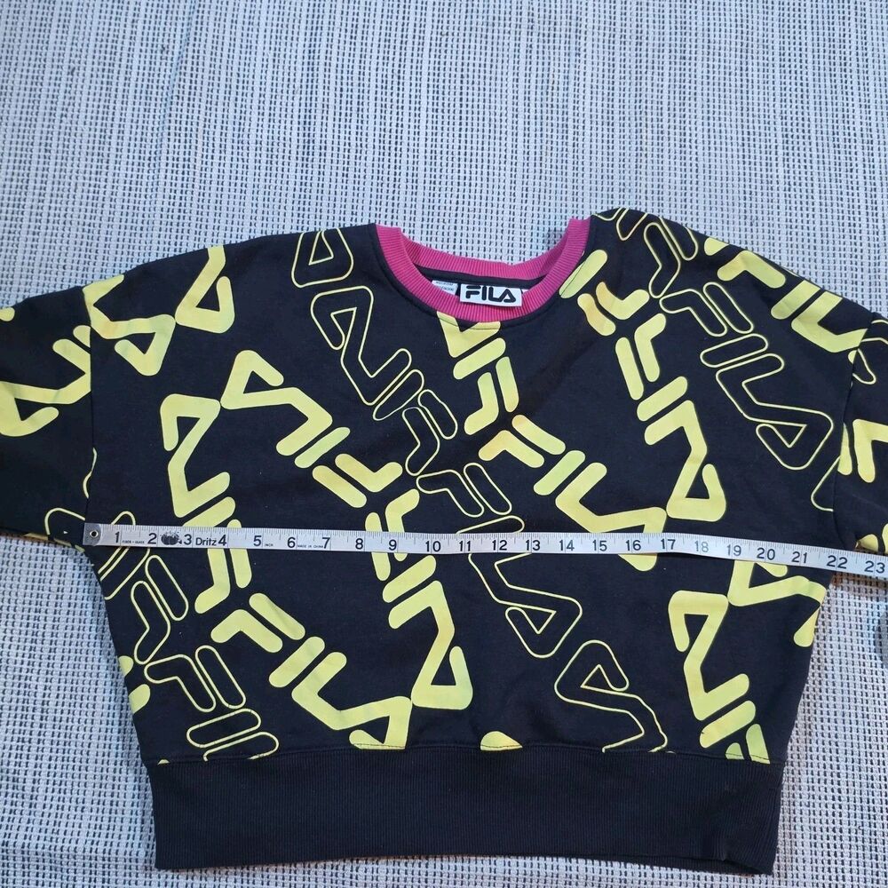 FILA Womens S Pullover Cropped Sweatshirt Long Sleeve Crew Neck Black Yellow - Picture 6 of 9